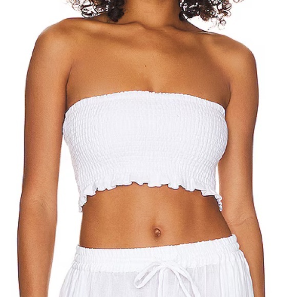 NWT Vitamin A Nya Smocked Strapless Cotton Bandeau Top in White Crinkle Linen - Picture 16 of 16